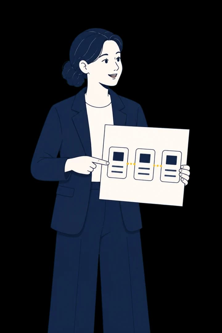 社内の現状を聞き、選択肢と条件を整理する担当の技術顧問のイラスト